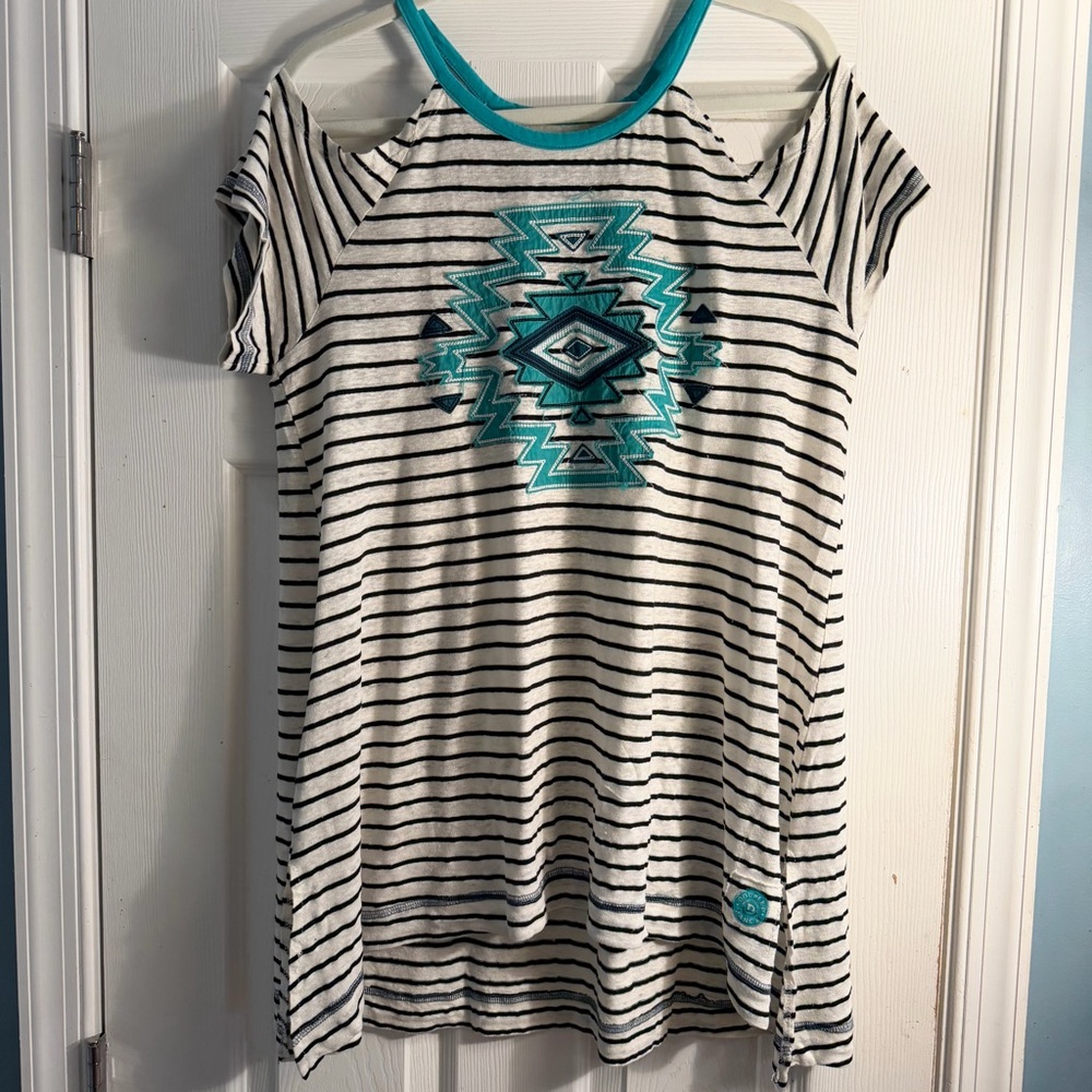 Double D Ranch Black/White Striped Tee with Turquoise Aztec Pattern Size Large